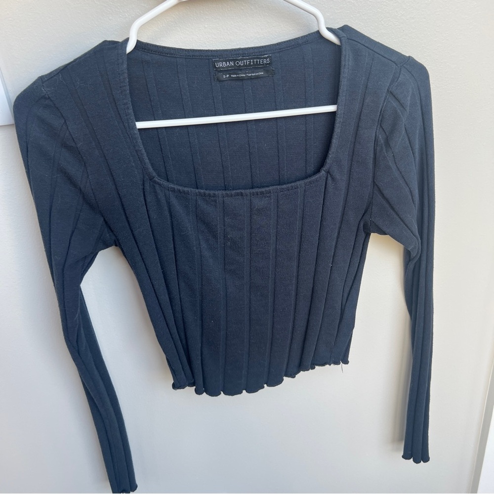 Urban Outfitters Black Ribbed Square-Neck Long Sleeve Crop Top
